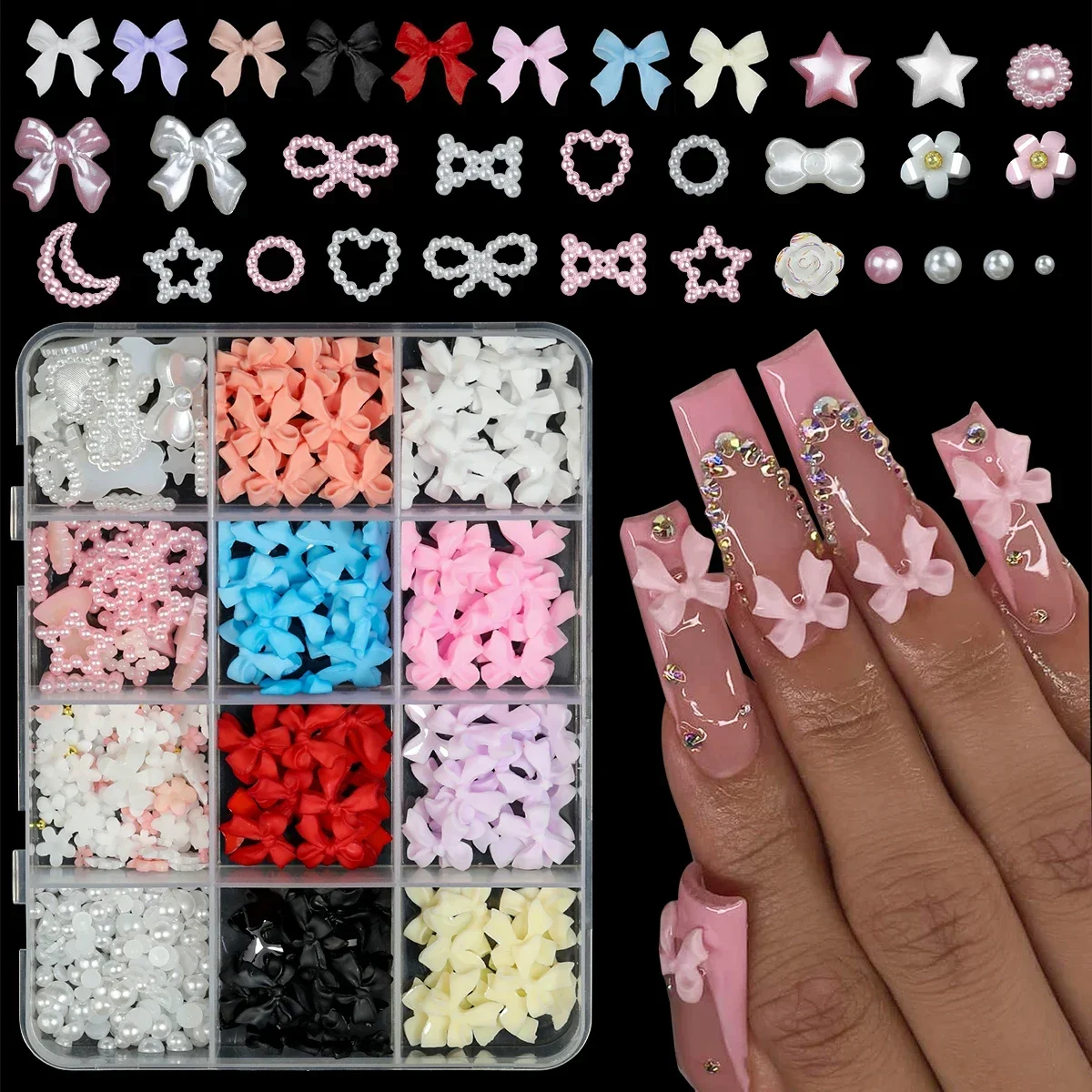 Décorations de Nail Art 3D en Résine Mixte, Breloques en Acrylique, Kawaii, Nministériels d Coloré, Strass, Bricolage, Outils de Manucure, Pièces, Boîte de 12 Grilles