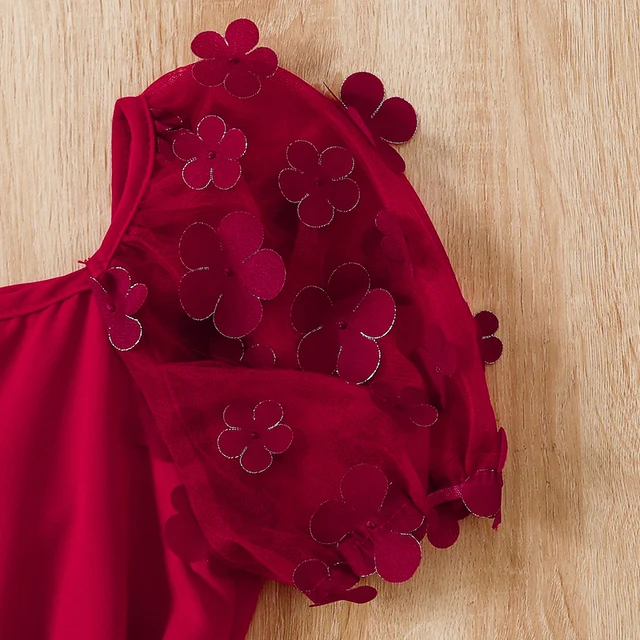 Robe d'été mignonne pour filles, manches en maille, col rond, robe de princesse pour enfants, fête d'anniversaire, mariage, ceinture détachable, robe moelleuse rouge – Image 4