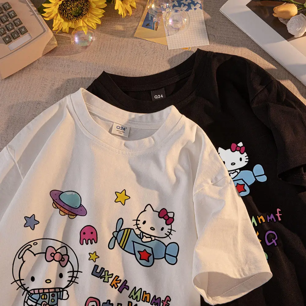 T-shirt à manches courtes pour femme, vêtement en coton, décontracté, avec personnage de dessin animé, chat volant dans un avion, original, pour l'extérieur