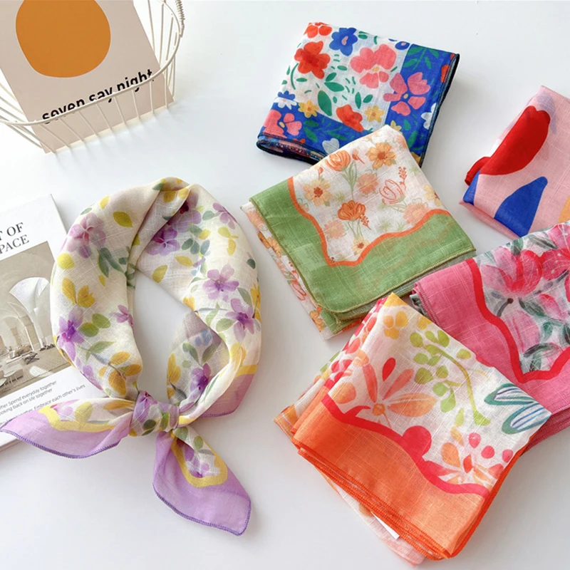 Écharpe carrée en coton et lin à imprimé floral pour femme, foulard pour cheveux, bandeau de sauna, hijab de la présidence, châle doux, 58x58cm