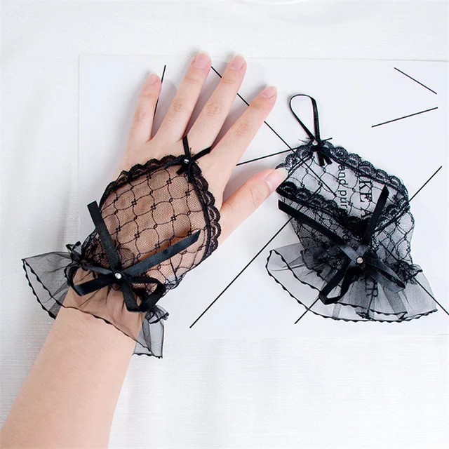 Gants Gothiques Courts Noirs en Dentelle pour Femme, Harajuku, Patients de Mariage, Robe Lolita d'Halloween, Nministériels d en Gaze, Manches à Main, Résille – Image 4