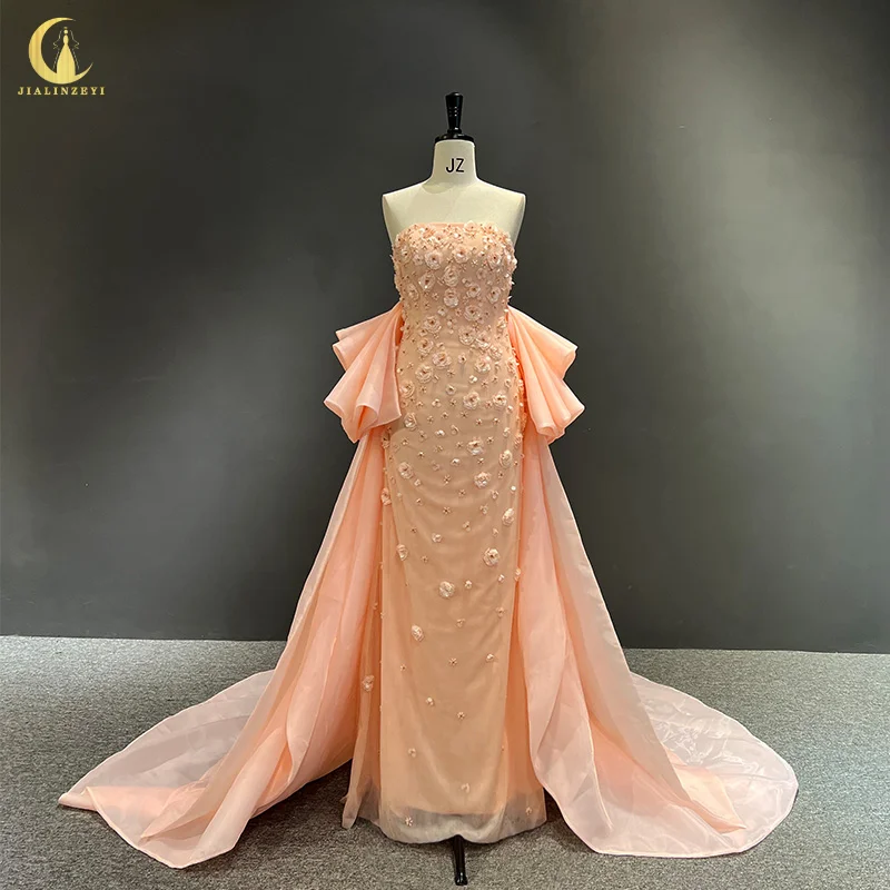 Robe de soirée en organza rose sans bretelles avec paillettes et fleurs, robes de soirée éducatives, image réelle, 138, 3745