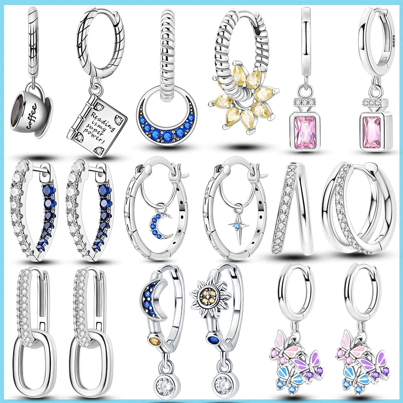 Boucles d'oreilles créoles en argent 925 pour femmes, pavé scintillant, en forme de U, étoile, lune, plume, luxe, fiançailles, mariage, avancé