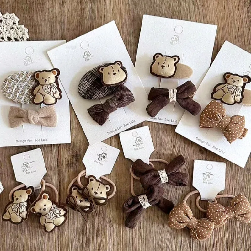 Pinces à cheveux mignonnes et polyvalentes pour enfants, ULà cheveux, nœud de dessin animé ours pour enfants, élastique, accessoires assortis, nouveau