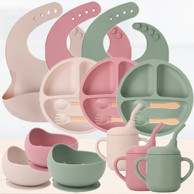 Ensemble de vaisselle en silicone pour enfants, entraînement alimentaire complémentaire pour bébé, 1/2/3/5 pièces, bol à ventouse, bavoir, tasse, fourchette, cuillère, ensemble maternel