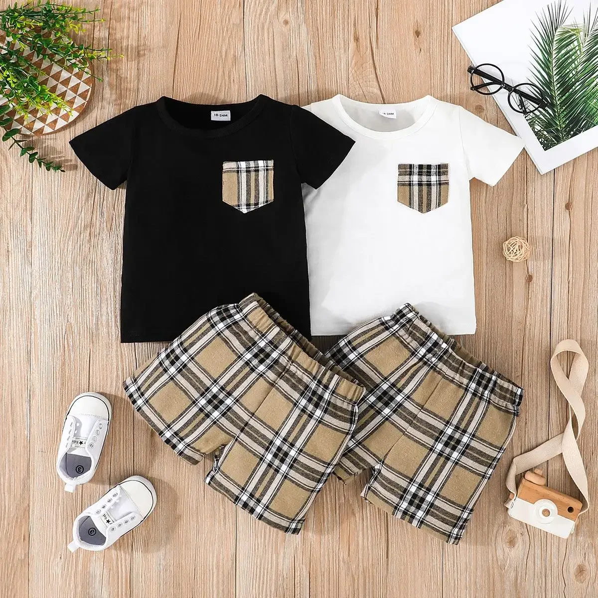 PatPat-Ensemble T-shirt à Manches Courtes et Short à Carreaux pour Bébé Garçon, 95% Coton, Doux et Confortable, Adapté à la Saison d'Été, 2 Pièces