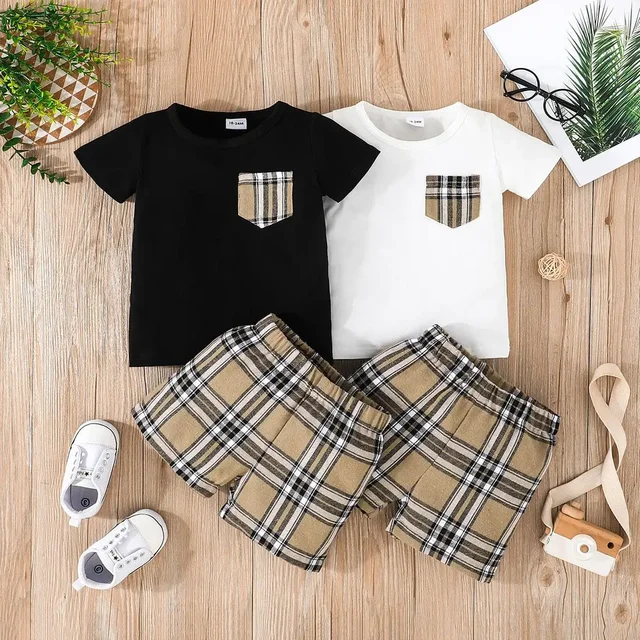 PatPat-Ensemble T-shirt à Manches Courtes et Short à Carreaux pour Bébé Garçon, 95% Coton, Doux et Confortable, Adapté à la Saison d'Été, 2 Pièces