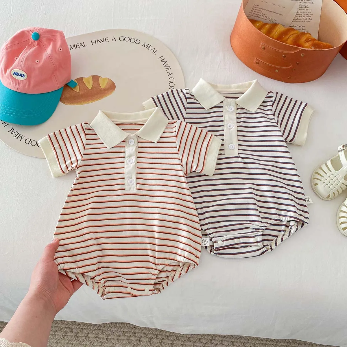 Combinaison d'été pour bébés garçons et filles de 0 à 2 ans, barboteuse pour nouveau-né, col polo rayé en coton, manches courtes, costume de batterie pour bébé