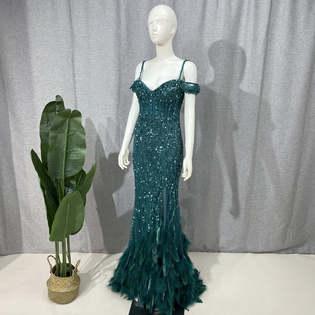 Ume – robe de bal de luxe rose, plumes de sirène, bretelles Spaghetti, vert, noir, bleu, robe de soirée de mariage pour femmes, 2023 – Image 4