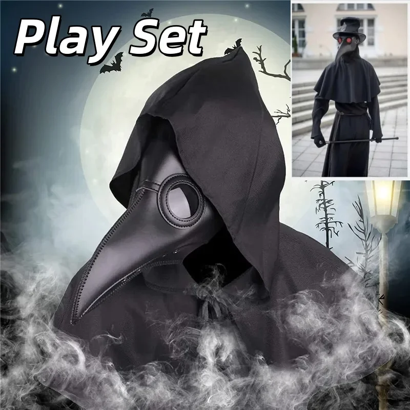 Medieval Plague Doctor Cosplay Costume for Halloween with Pointed Hat Cloak Bird Beak Mask and Hooded Cloak Cosplay Party