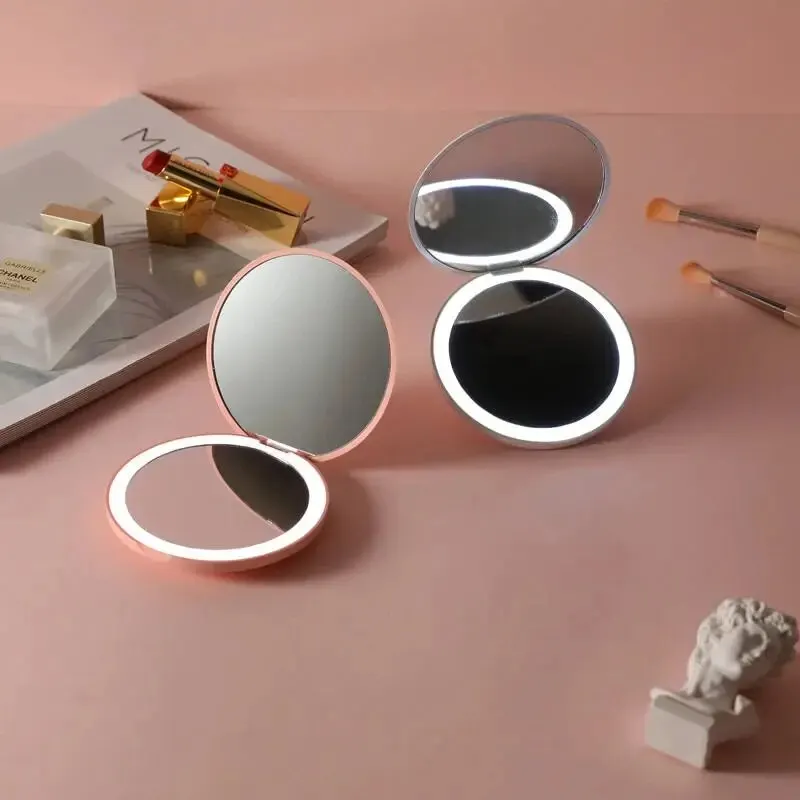 Miroir de poche Compact de maquillage pliant à 2 côtés pour femmes, petite lumière LED personnalisée, effet lumineux cosmétique, Mini miroir rose blanc