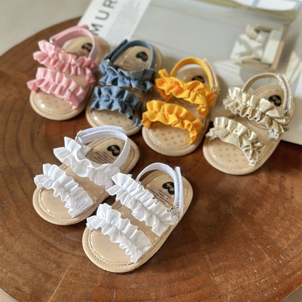 Sandales pour bébés filles, à volants, nœud papillon, semelle souple, antidérapantes, bout ouvert, respirantes, chaussures d'été pour premiers pas en plein air