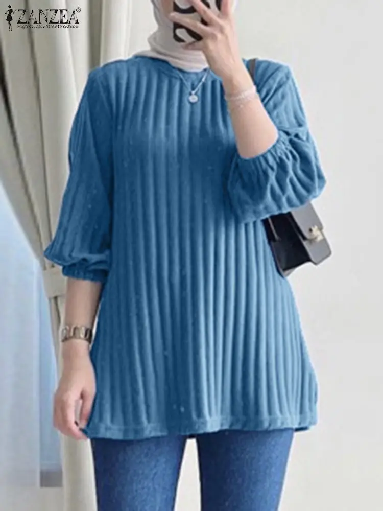 ZANZEA femmes musulmanes Hijab 3/4 manches chemisiers côtelés automne 2024 hauts élégant chemise quotidienne décontracté T-shirts amples vêtements islamiques