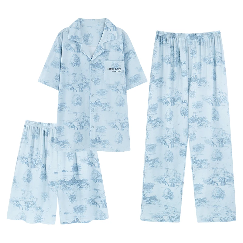 Long Pants+Short Sleeve Tops+Shorts 3 Pcs/set Men Pajamas Sets Fashion Print Nightwear Summer Pyjamas Male Knit Cotton Sleepwear