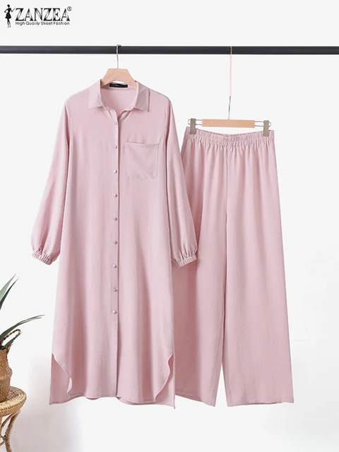 ZANZEA-Ensemble 2 Pièces pour Femme Musulmane, Chemise à Manches sulfet Pantalon, Décontracté, Dubaï, Turquie, Abaya, Tenues Eid Mubarek, Printemps – Image 5