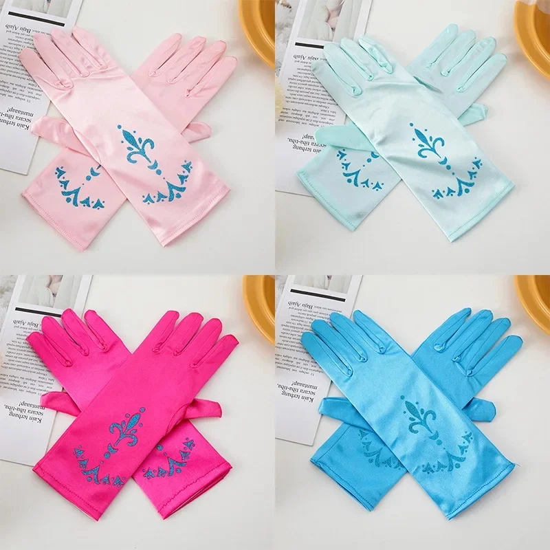 Gants de couronnement Elsa pour filles, mitaine à doigt Long en brocart, vêtements imprimés à paillettes de 24cm, Costume de fête pour enfants
