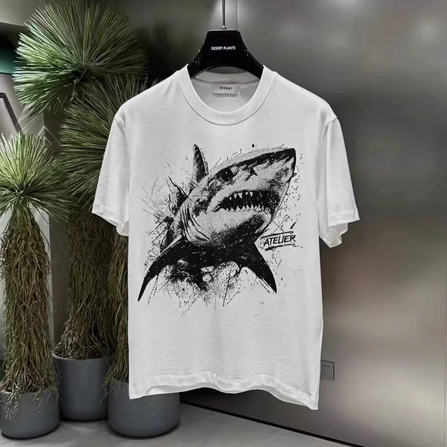 T-shirt à manches courtes pour hommes, marque américaine tendance, grand requin blanc, diamant d'eau, décontracté, ample, col rond, demi-manches – Image 2