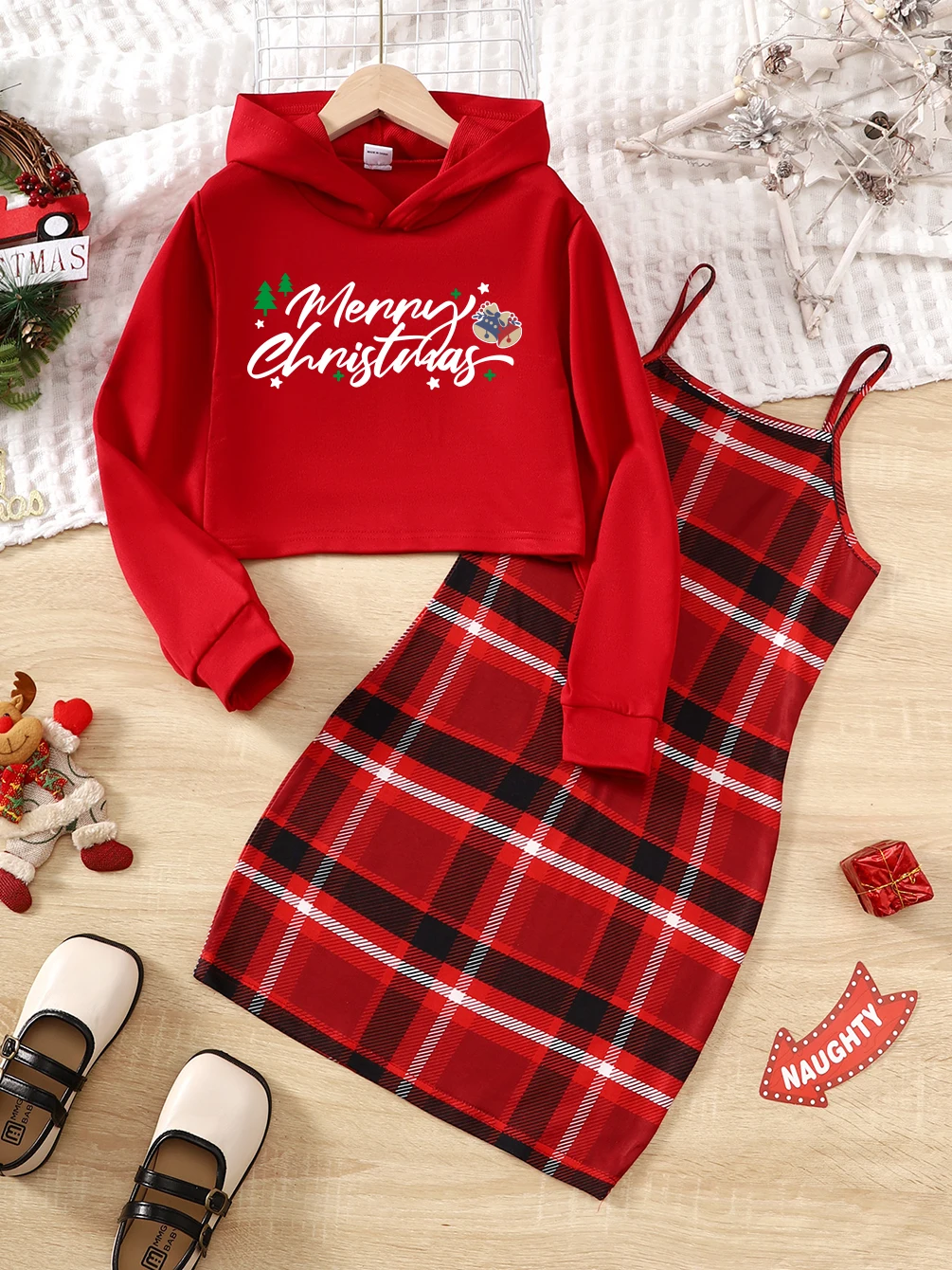 Sweat à capuche court + robe à bretelles à carreaux pour filles, ensemble de deux adaptés aux enfants de 8 à 14 ans, printemps et automne