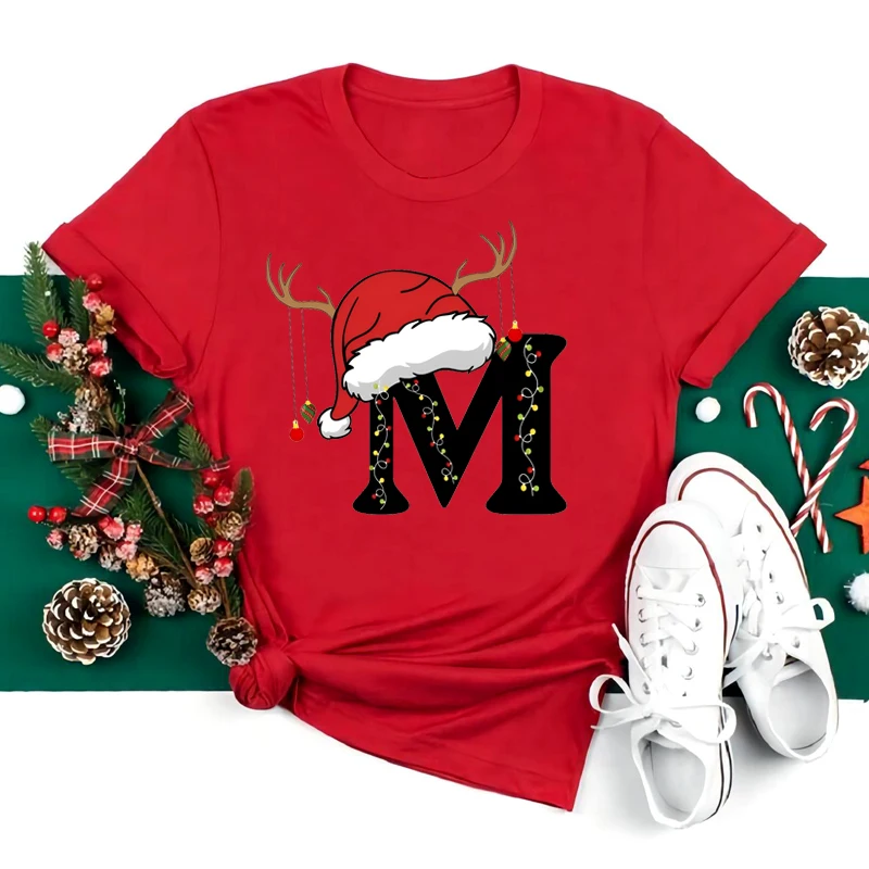 Nouveau 26 A ~ Z noël Alphabet T-shirt femmes décontracté mode T-shirt à manches courtes fête de noël esthétique rouge t-shirts hauts