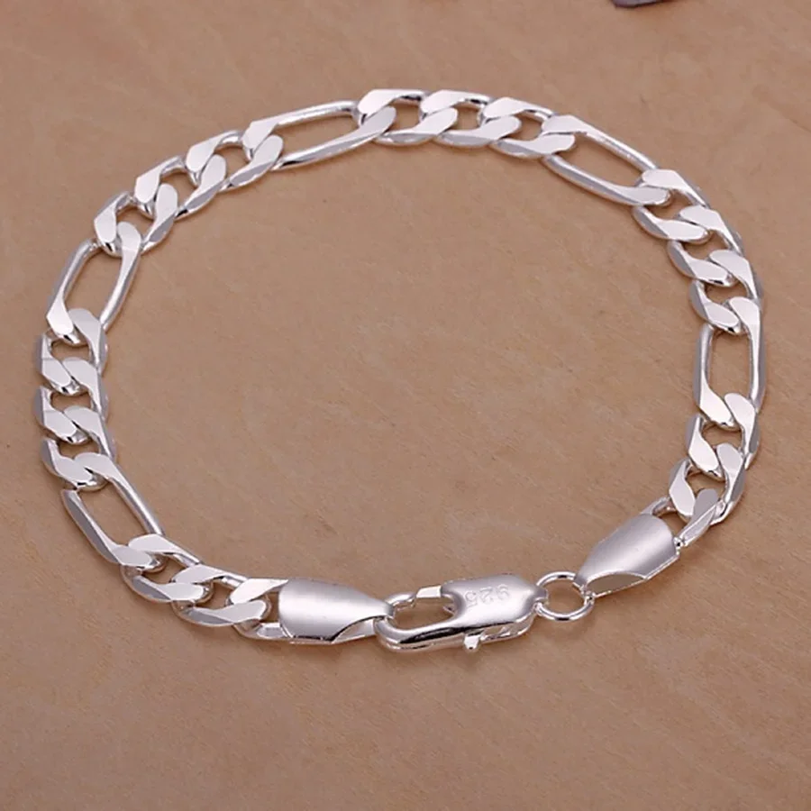 Bracelets fins en argent Sterling 925, 6-8mm, chaîne pour femmes et hommes, mode de mariage, bijoux en argent de qualité supérieure, Figaro 20cm