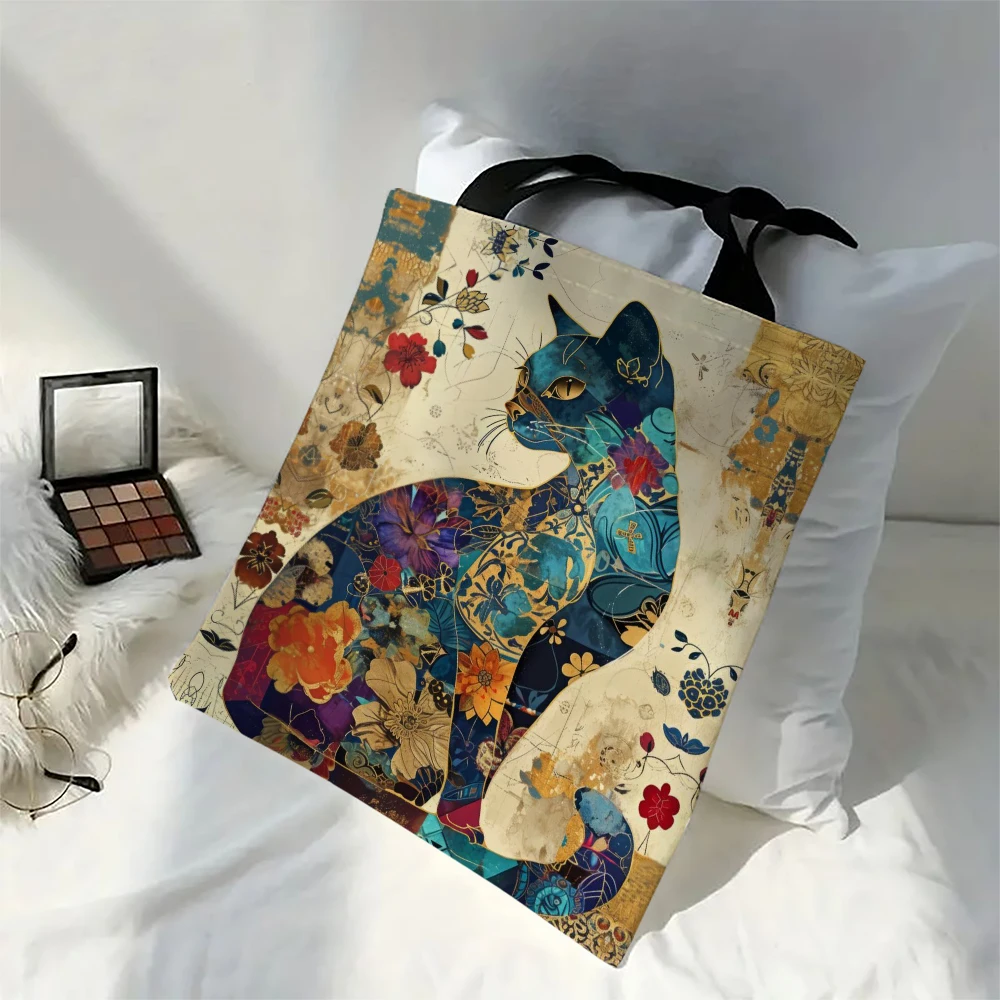 Sac fourre-tout à motif de chat et de fleur ethnique, sac à bandoulière d'école en toile esthétique, sac d'épicerie léger