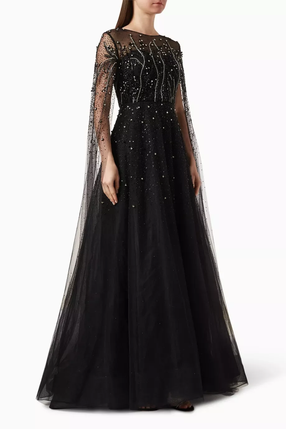 Robe de soirée élégante à manches cape pour femmes, robes maxi en tulle, col rond, paillettes, sirène, Rh, formel, quoi que ce soit, 2024