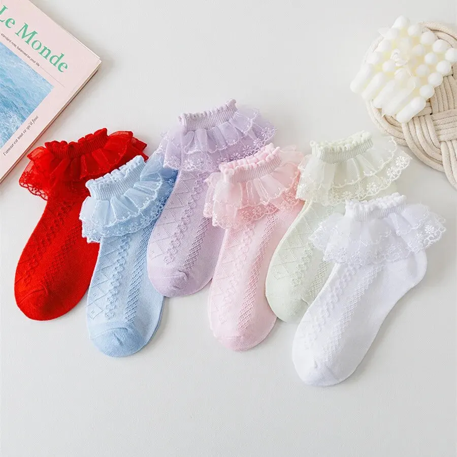 5 paires/lot filles chaussettes été nouveau Style maille coton mince bébé chaussettes à la mode élastique blanc dentelle fleurs enfants princesse chaussettes