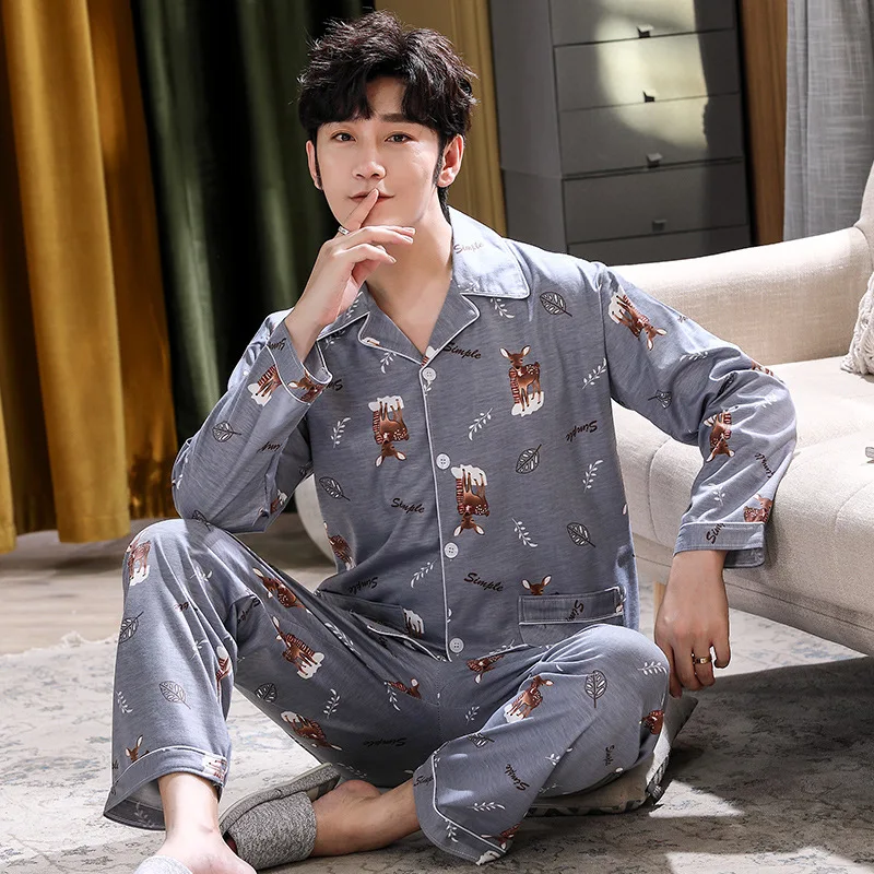 Big Size Men's Pajamas Fall and Winter Sika Deer Motif Long-Sleeved Long Pants Casual Home Wear Sleepwear 2 Piece Set Loungewear