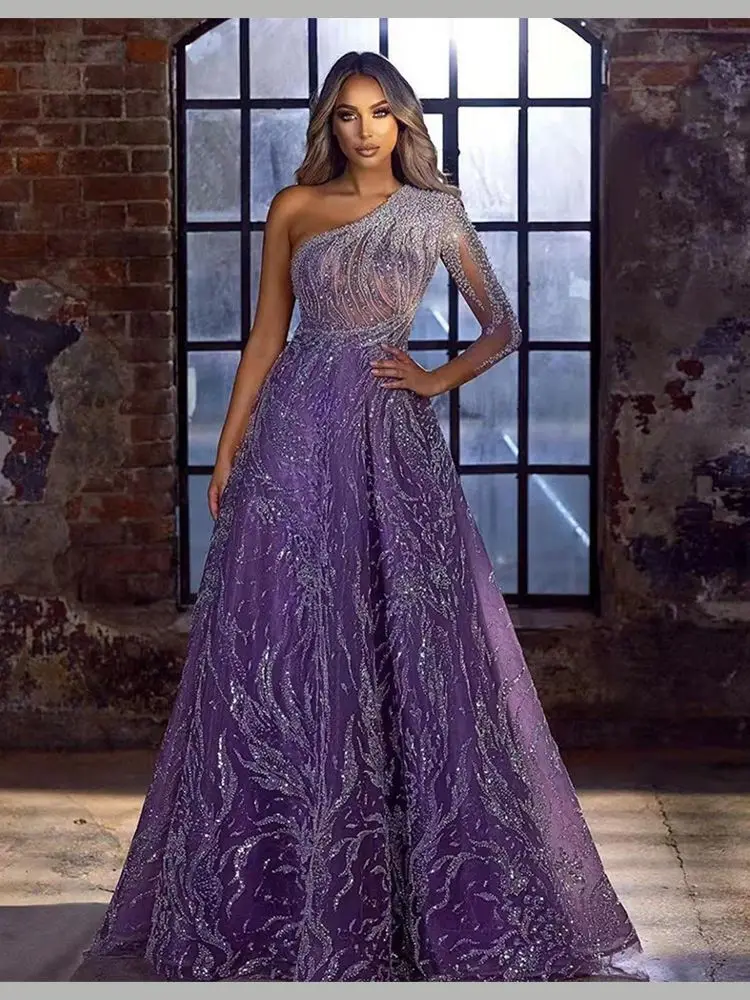 Rotterdam-Robe de Rhen maille violette moulante, une initiative, maille transparente, manches longues, longueur au sol, robe de soirée élégante, 2023
