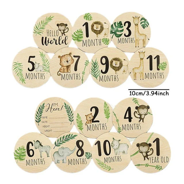 Accessoires de photographie pour nouveau-nés, carte de jalon pour bébé, impression animale, enregistrement mensuel en bois, cartes commémoratives, cadeaux de réception-cadeau pour bébé, 7 pièces