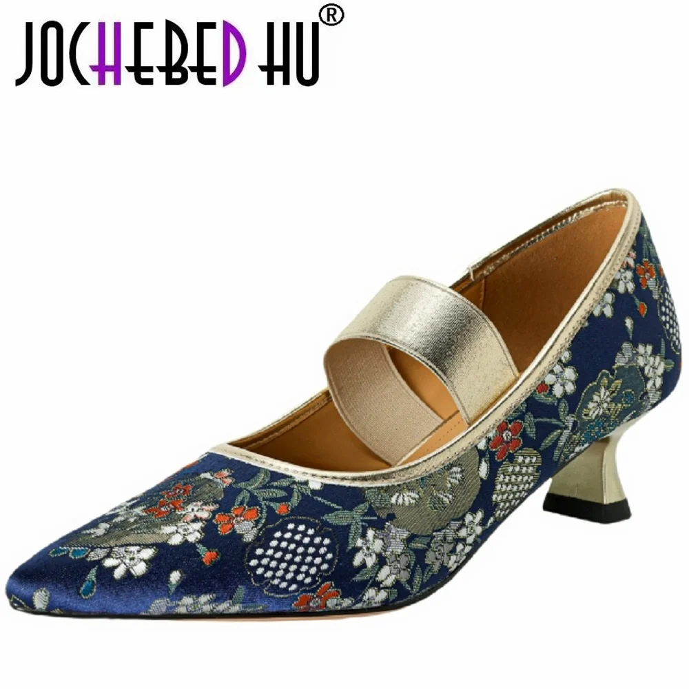 Escarpins à talons hauts faits à la main pour femmes, chaussures à fleurs colorées, patchwork de base, bout pointu, chaîne CHEBED HU, 34-40