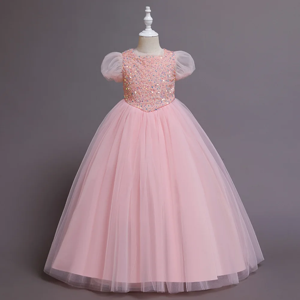 Robe de princesse à paillettes à manches courtes pour filles, robe longue, longueur au sol, costume d'Halloween, Amazon, européen et américain, enfants