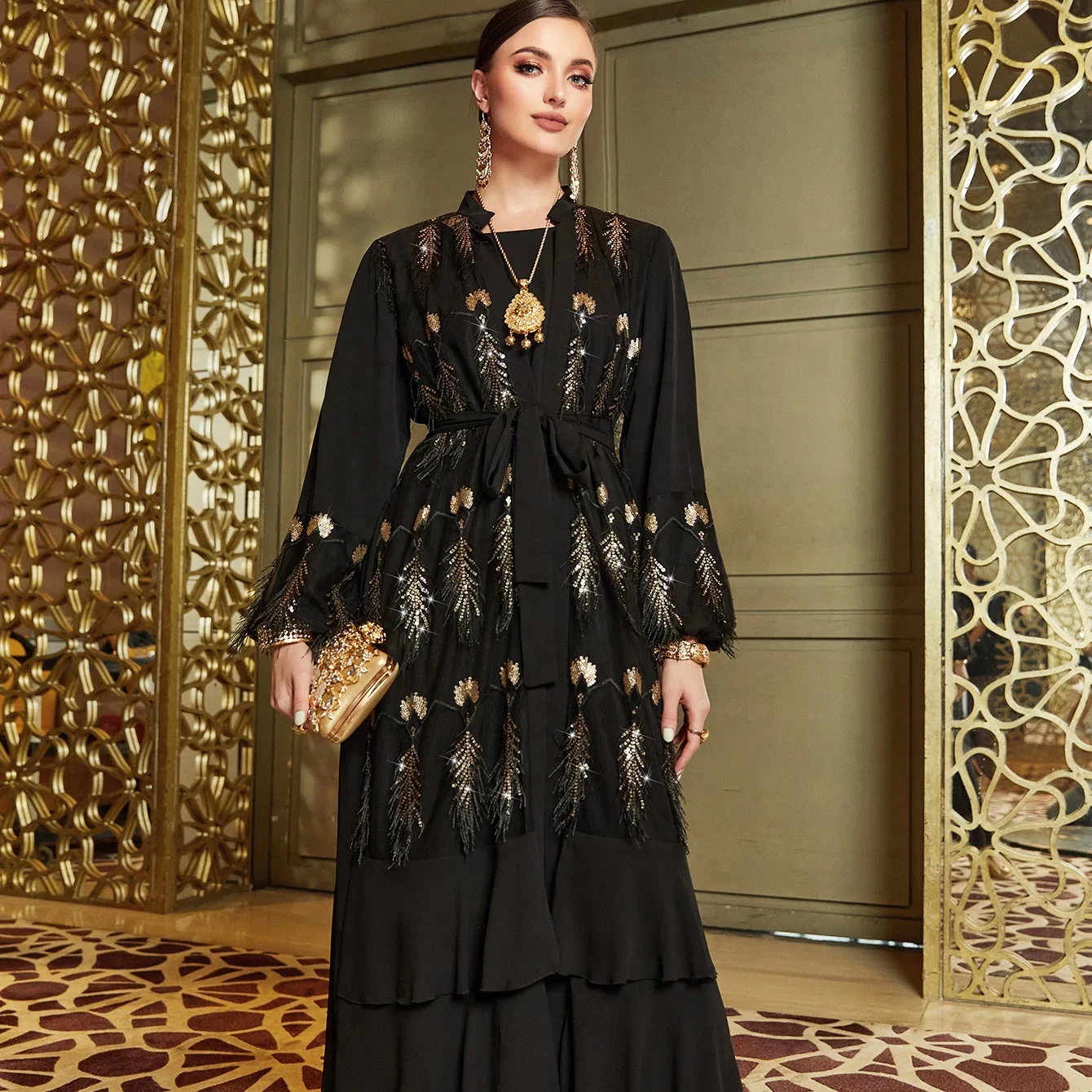 Abaya-Robe de soirée arabe turque Dubaï, robe musulmane de luxe, plume noire, paillettes, littérature, deux pièces, Moyen-Orient, Ramadan, Eid