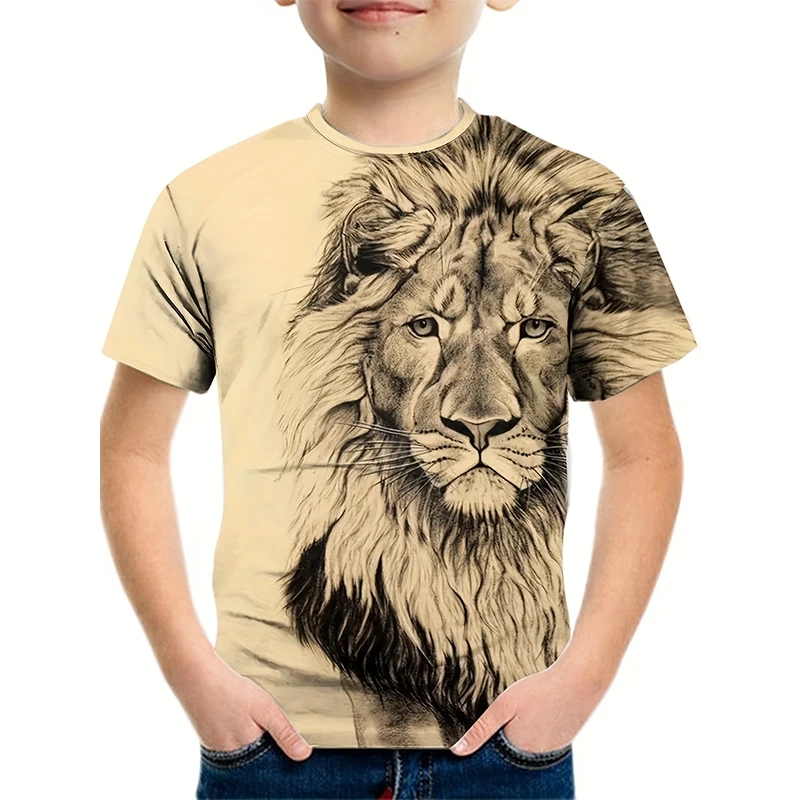Garçon Lion graphique T-shirt mode à manches courtes hauts garçon fille T-shirt Animal impression 3D vêtements pour enfants été enfant T-shirts