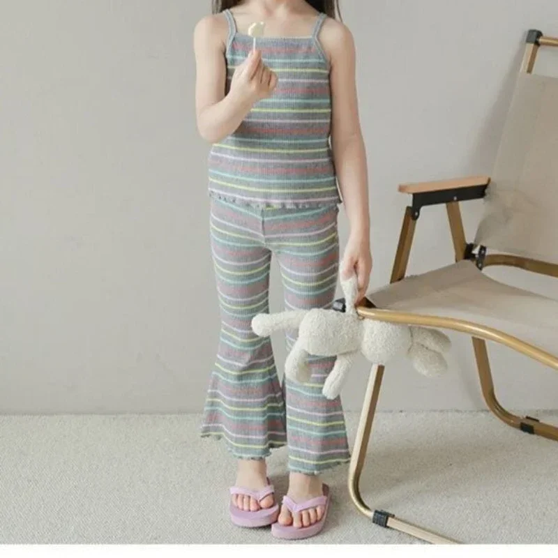 Ensemble deux pièces pour bébé fille, caraco rayé, pantalon cloche, été, imbibé de glace, 2024