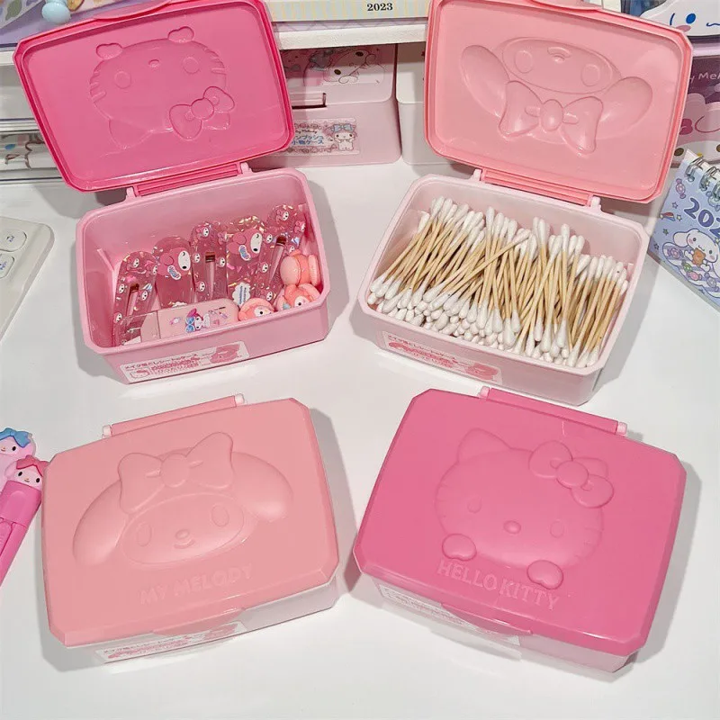 Sanurgente-Boîte de rangement Hello Kitty Melody Cartoon, Kt Cat, Flip Cover, Coton-tiges, Cotons-tiges, Staacquering, Bijoux, Cadeaux d'organisation
