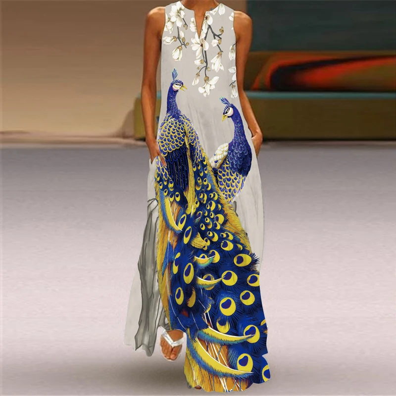 Robe longue imprimée sans manches, col en v, Sexy, transfrontalière, vêtements pour femmes en Europe et en amérique, nouvelle collection été 2024