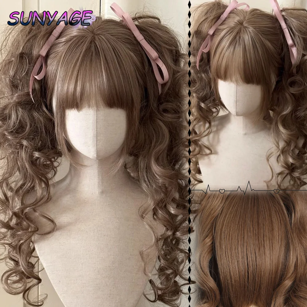 Synthetic Princess Cut Double ponytail Lolita Wig with Bangs Girl Ombre Blonde brown White gray Cosplay Halloween Harajuku wig