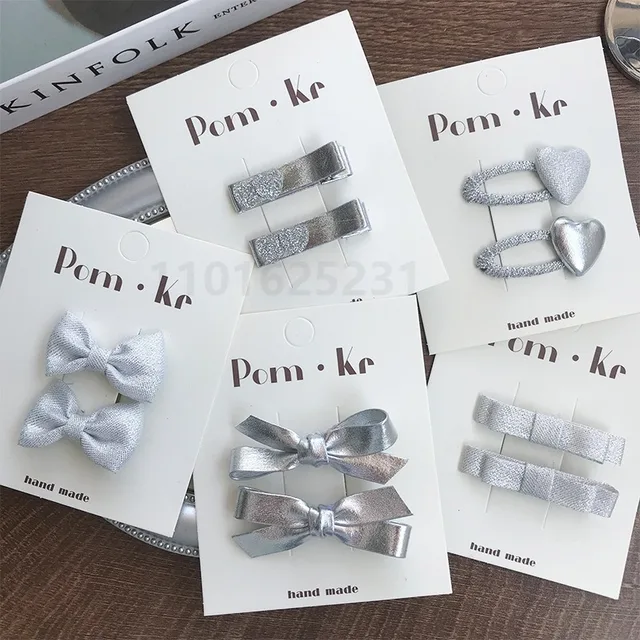 Pinces à cheveux avec nœud en cuir argenté pour enfants, couvre-chef coréen pour filles douces, épingles à cheveux en forme de cœur scintillant, accessoires pour cheveux en tissu pour bébé, nouvelle collection 2024 – Image 2