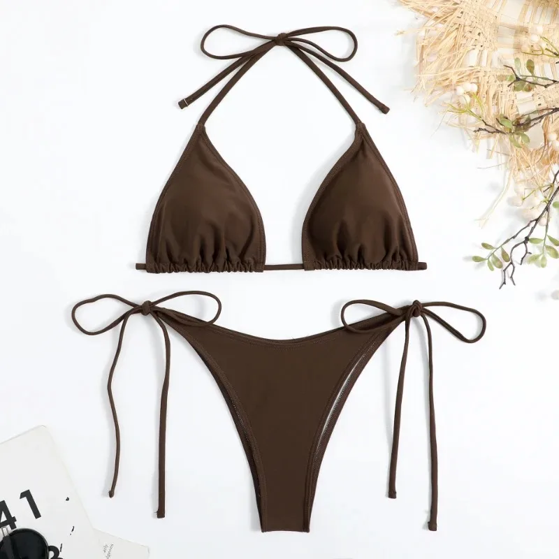 Sexy femmes string couleur unie Bikini ensemble côté licou cravate maillot de bain dames sangle fendue réglable maillot de bain brésilien maillots de bain