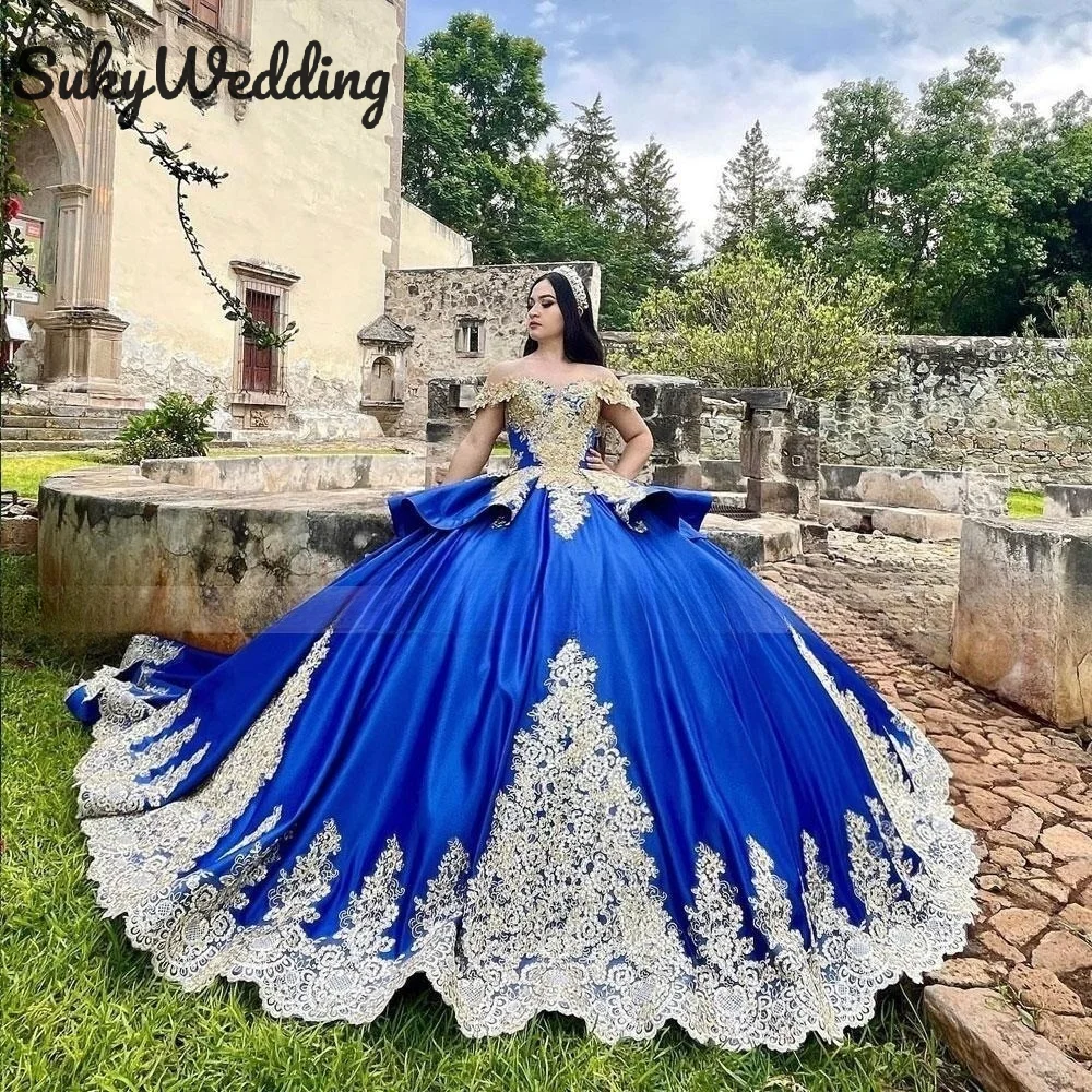 Robes de Quinceanera bleues avec corset, appliques en dentelle dorée, Sweet Mexican 16, Rhde reconstitution historique, robe éducative, 15 ans