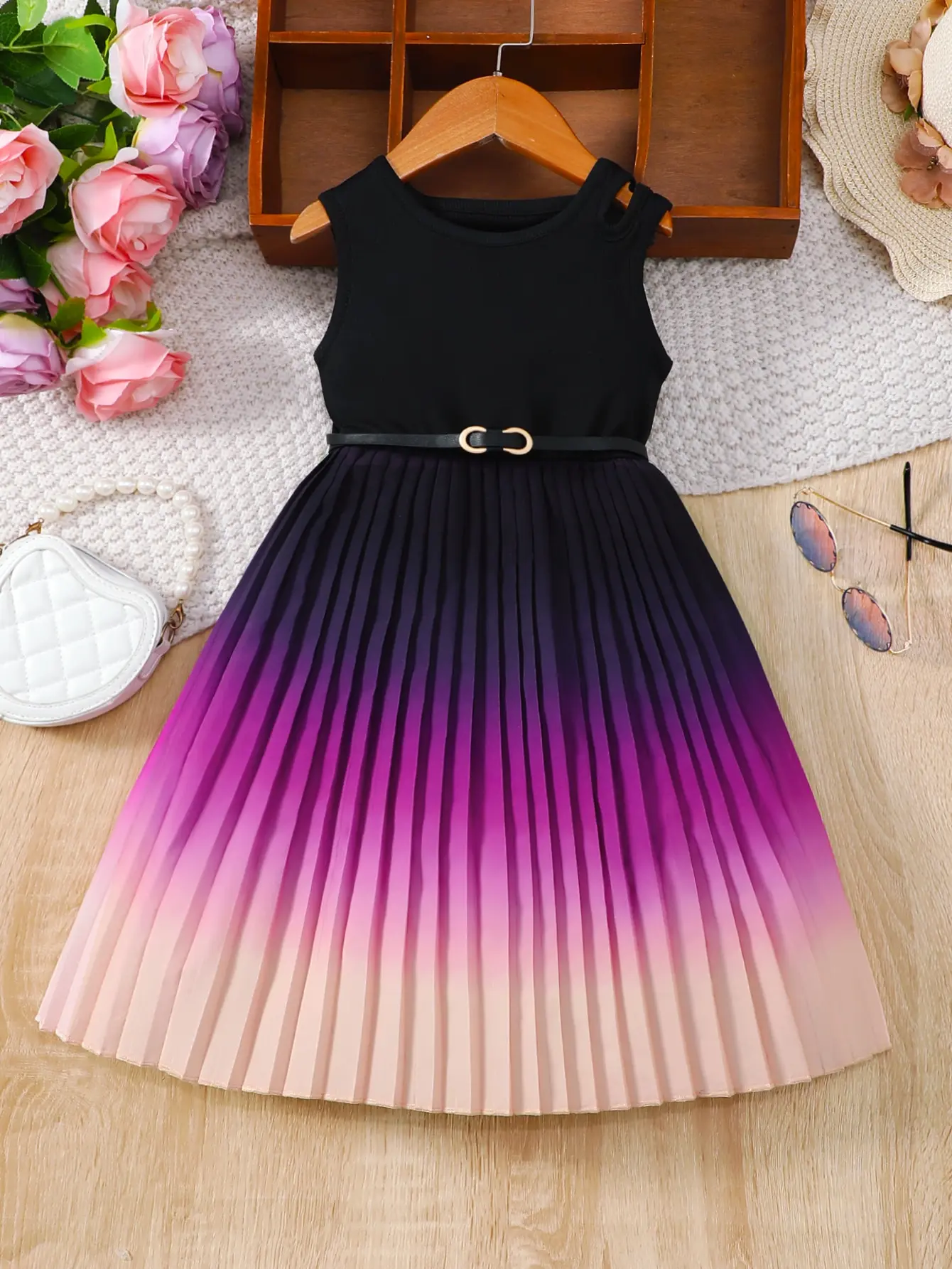 Robe à ourlet plissé bloquant les documents pour fille, nickel é, ceinture en fibre, été