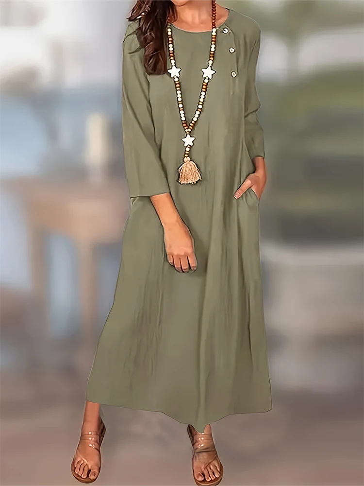 Robe longue en coton et lin respirant pour femmes, grande taille, manches fendues, Vintage, couleur unie, avec poches, été