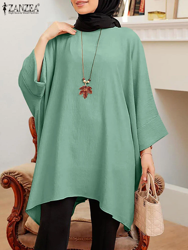 Femmes mode à manches longues chemisier musulman ZANZEA élégant tunique hauts chemise unie femme décontracté ample Ramadan Abaya turquie Blusas