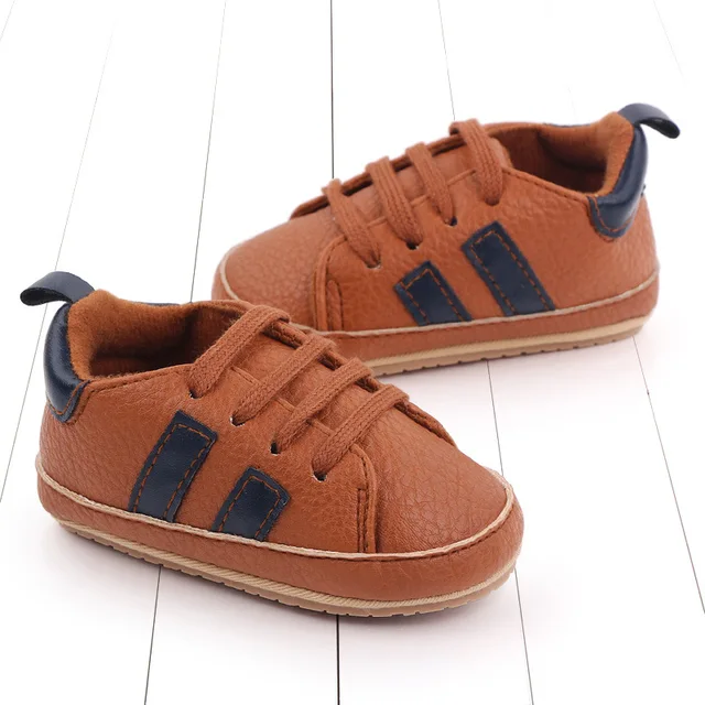 Baskets décontractées rayées en cuir PU pour bébé, chaussures pour tout-petits, semelle en caoutchouc non ald, chaussures à lacets pour bébé, nouveau-né, garçon, fille – Image 4
