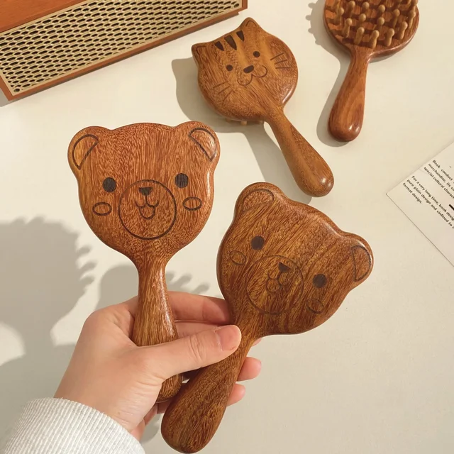 Brosse démêlante en bois de santal, fil doré, peigne de Massage, dessin animé créatif, chat mignon, peigne à cheveux longs, usage domestique, peigne à dents épaisses – Image 3
