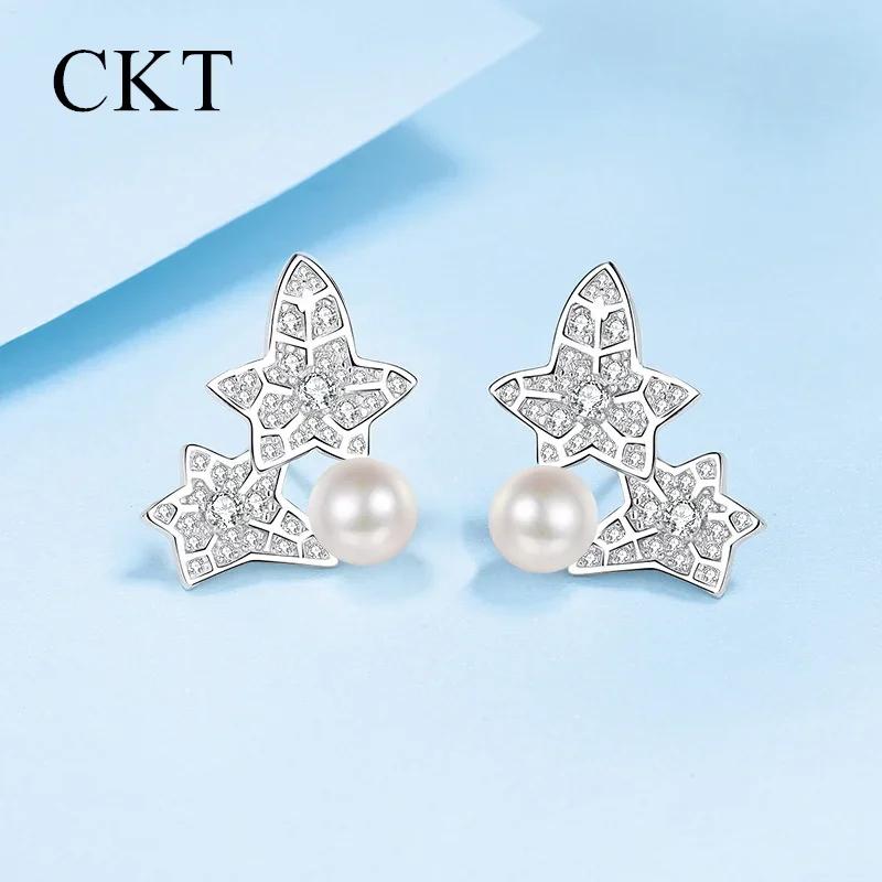 Boucles d'oreilles en or blanc platine 18 carats, pentagramme Pt950, moissanite 0,68 ct, perle d'eau douce de luxe, boucles d'oreilles impeccables, bijoux fins