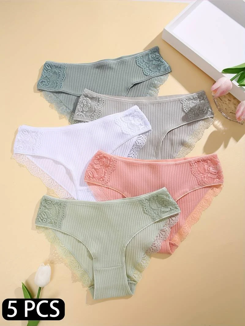 5PCS/Set Women Cotton Panties Sexy Lace Briefs Cotton Ribbed Lingerie Feamale Hollow Out Underwear Low Rise Underpants M-2XL