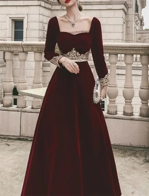 Robe trapèze vintage élégante pour invité de mariage, robe de soirée formelle, robe de jour de Léon, encolure dégagée, manches longues, longueur au sol, velours avec appliques