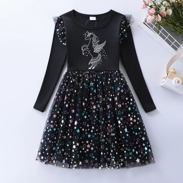 Robe de Noël en coton et maille imprimée licorne pour filles LH1709